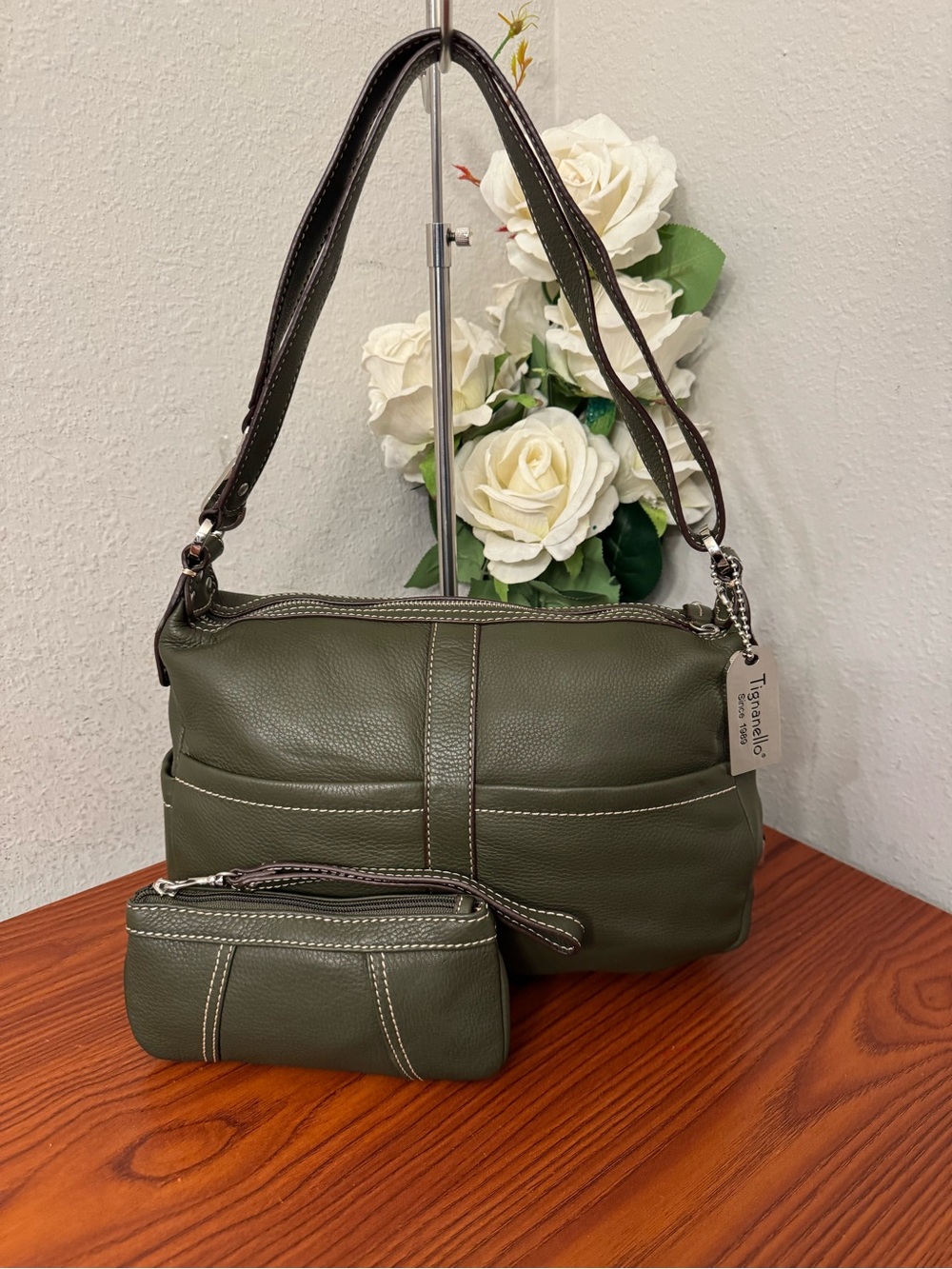 Tignanello Olive Green Pebbled Leather Shoulder Bag with Wristlet